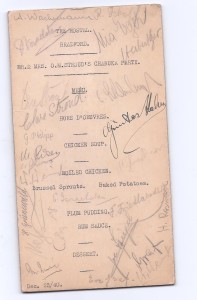 Chanukah meal menu from 1940 signed by children from the Hostel 