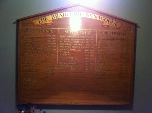Presidents, Ministers and Chairmen: Bradford Synagogue board of honourable positions, 1873 to the present day.