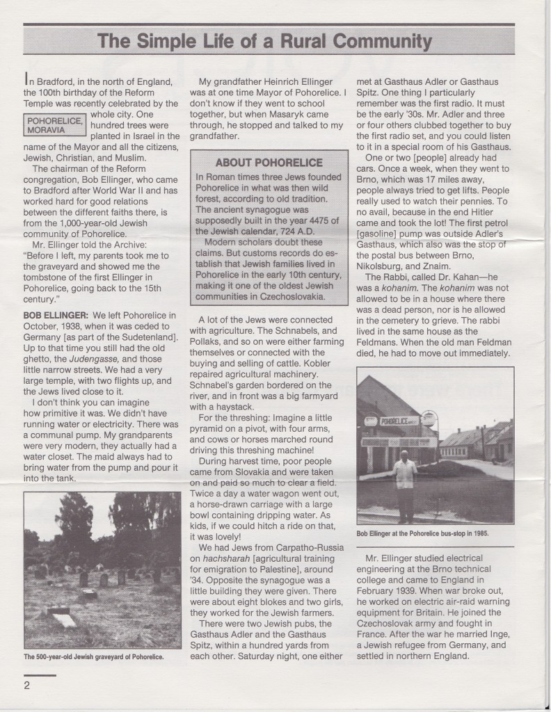 Article from the voice about the Shtetl of Poherelice, in Moraviawhich Synagogue member and chairman, the late Bob Ellinger came from. From 'Voices' Newsletter, October 1989.